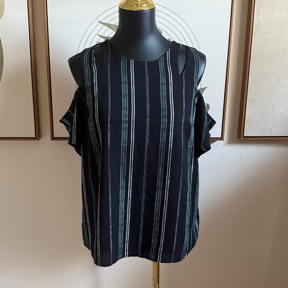 3/$10 Chic Striped Cold Shoulder Blouse - Black and White - Picture 2 of 7
